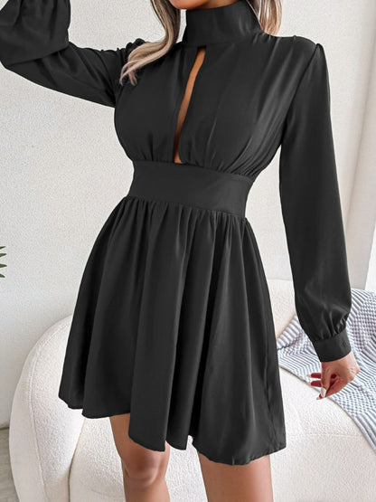 Turtleneck and cut-out women’s mini dress.