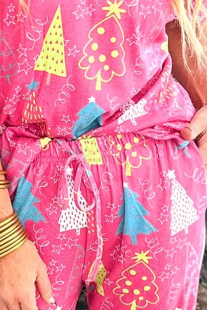 Holiday hot pink multi-color women’s pajamas drawstring set.