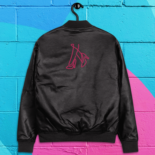 Leather black and hot pink women’s bomber jacket.