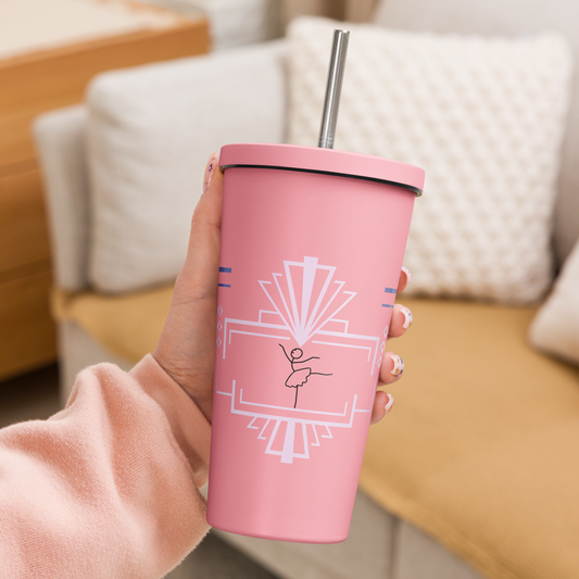 Hot pink dance insulated stainless steel tumbler with a straw.