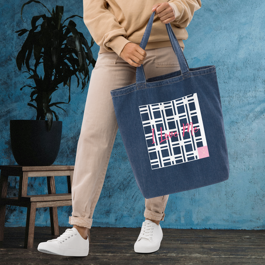 White and hot pink I love me organic denim tote bag.