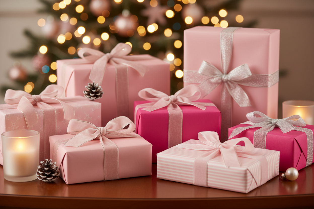 Gifts wrapped on a table in pink paper.