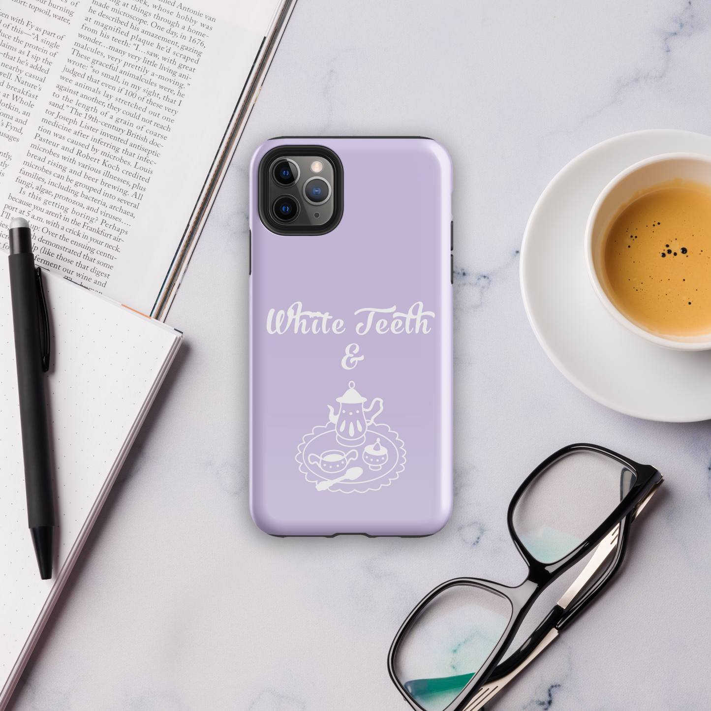 Lavender white teeth and tea tough case for iPhone®.