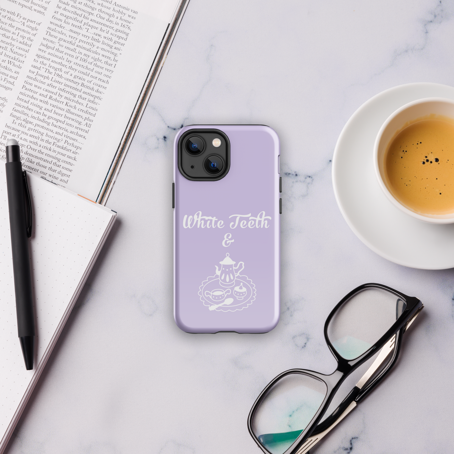 Lavender white teeth and tea tough case for iPhone®.