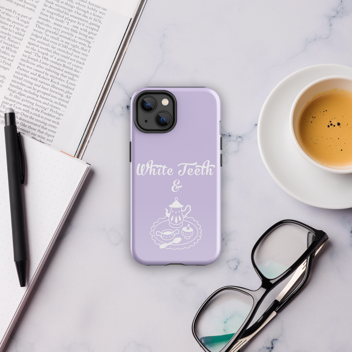 Lavender white teeth and tea tough case for iPhone®.