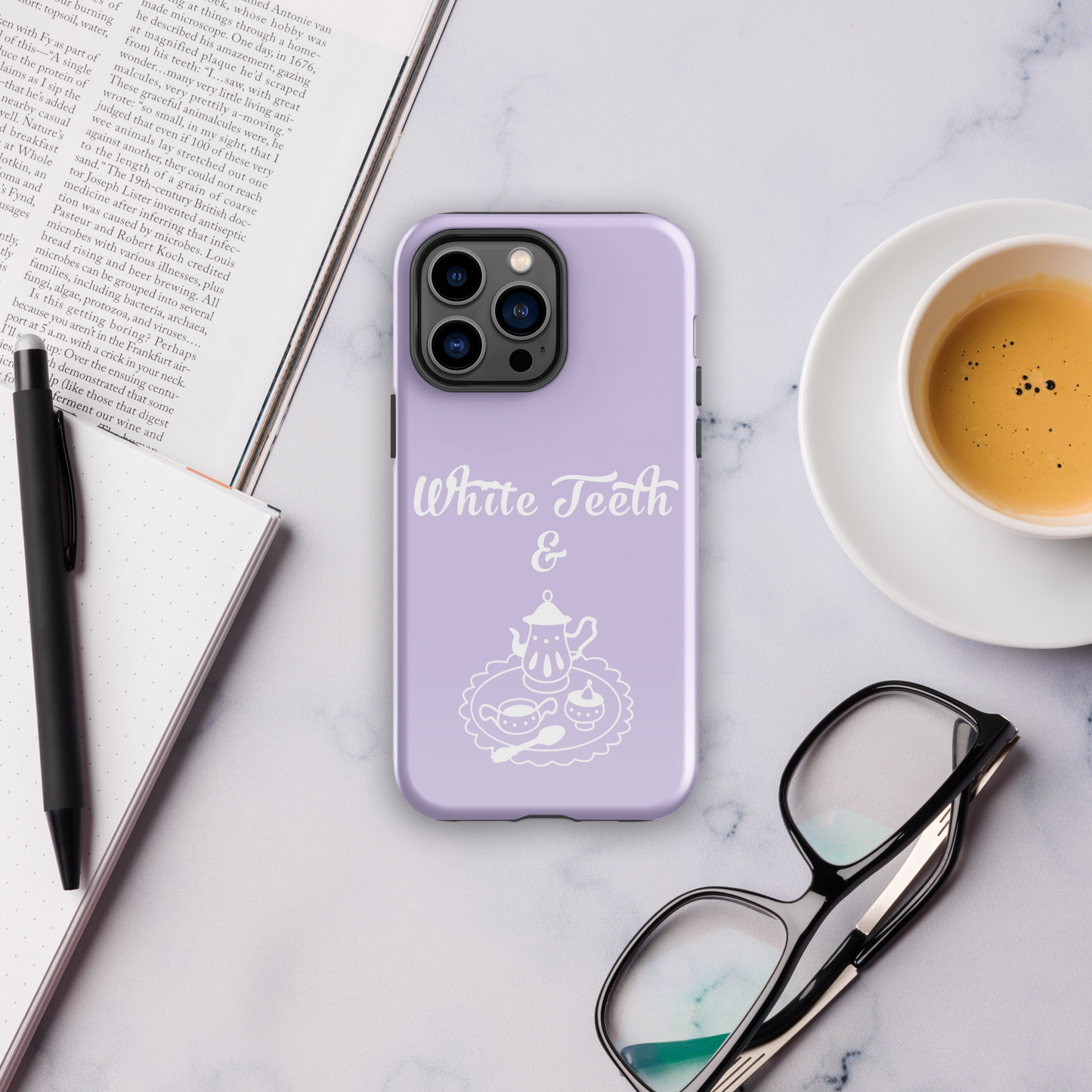 Lavender white teeth and tea tough case for iPhone®.