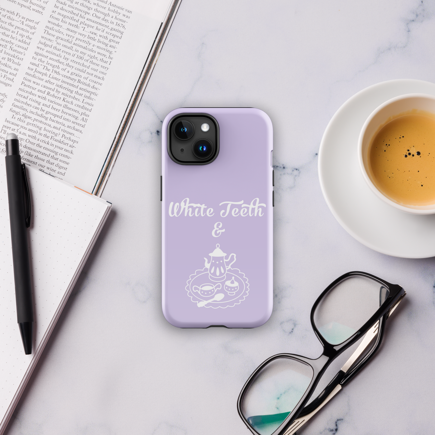 Lavender white teeth and tea tough case for iPhone®.