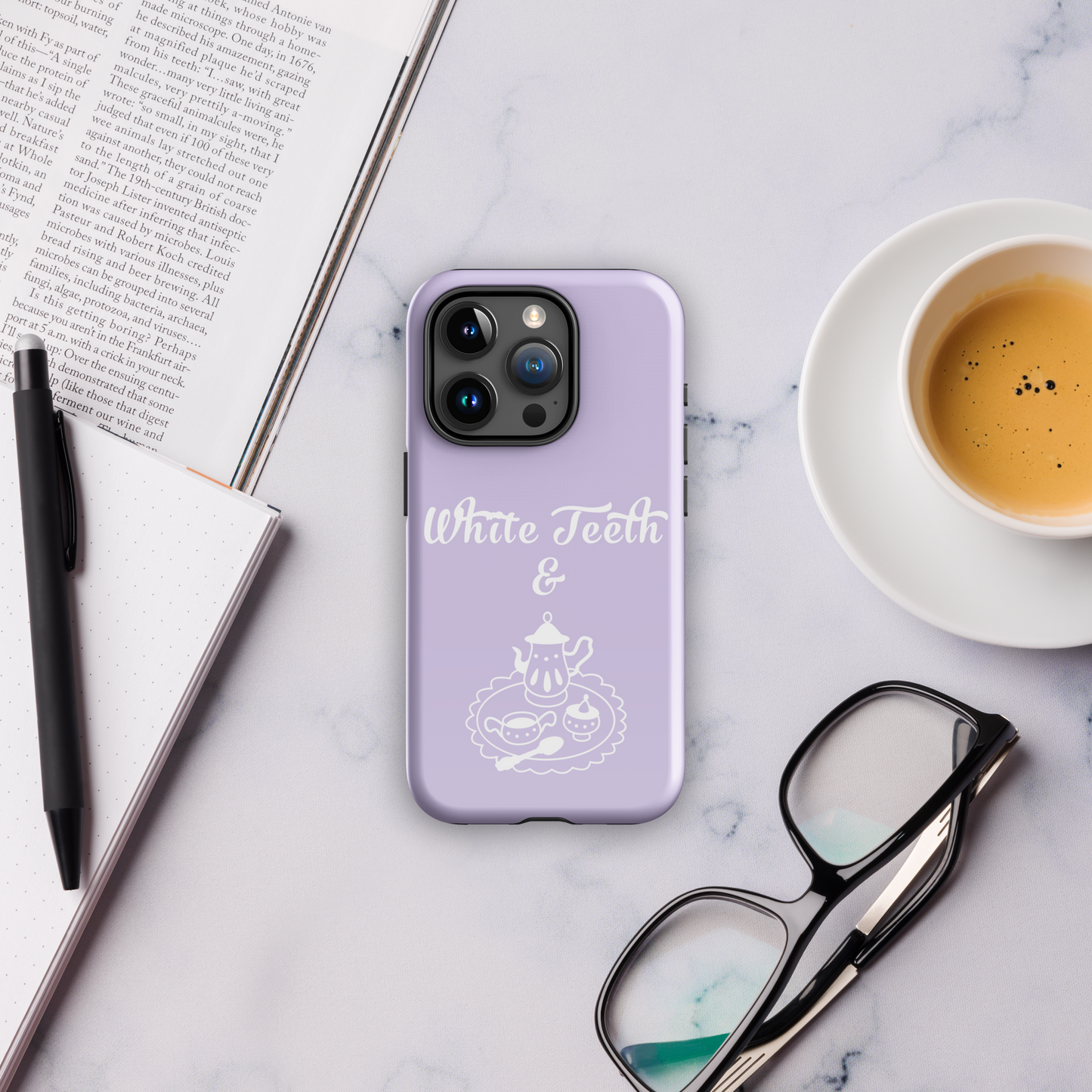 Lavender white teeth and tea tough case for iPhone®.