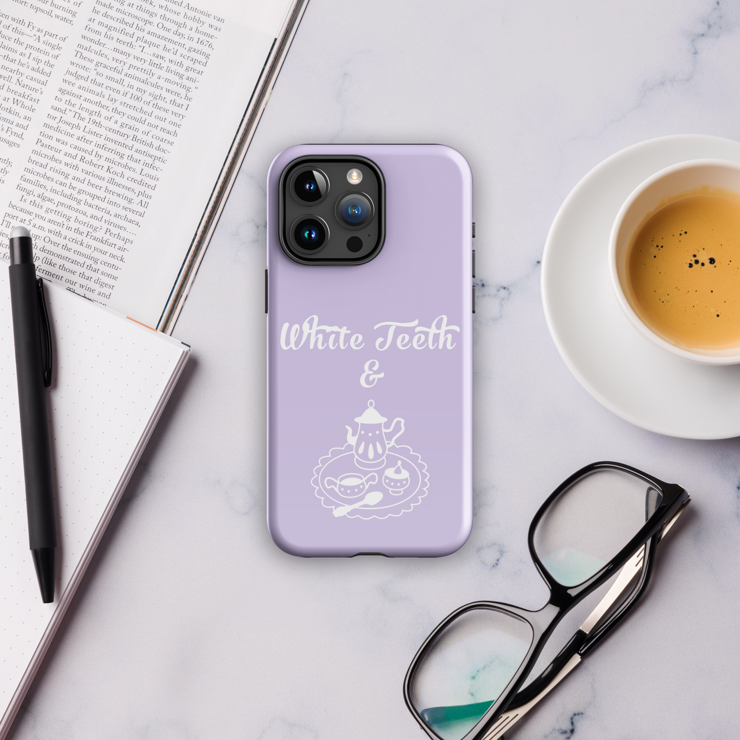 Lavender white teeth and tea tough case for iPhone®.