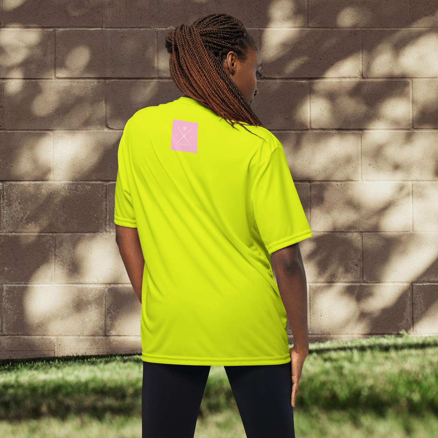 Highlighter green and blush women’s performance crew neck t-shirt.