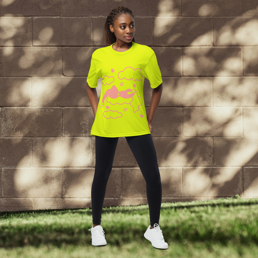 Highlighter green and blush women’s performance crew neck t-shirt.