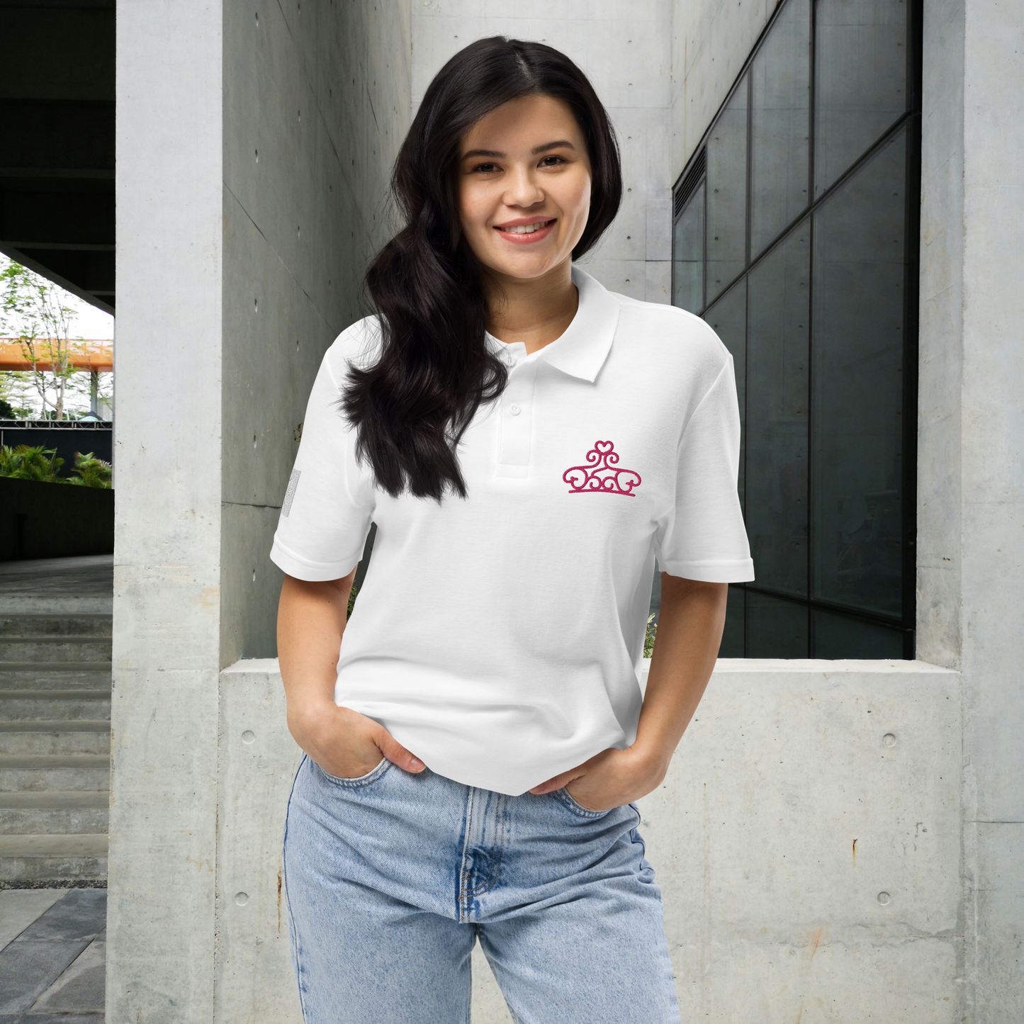 Neutral white & hot pink pique polo shirt.