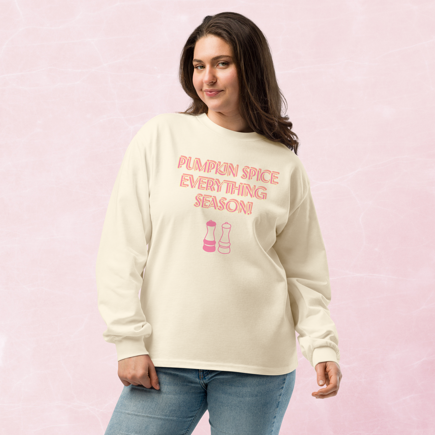Tan and multi-color pumpkin spice everything season premium heavyweight women’s sweatshirt.