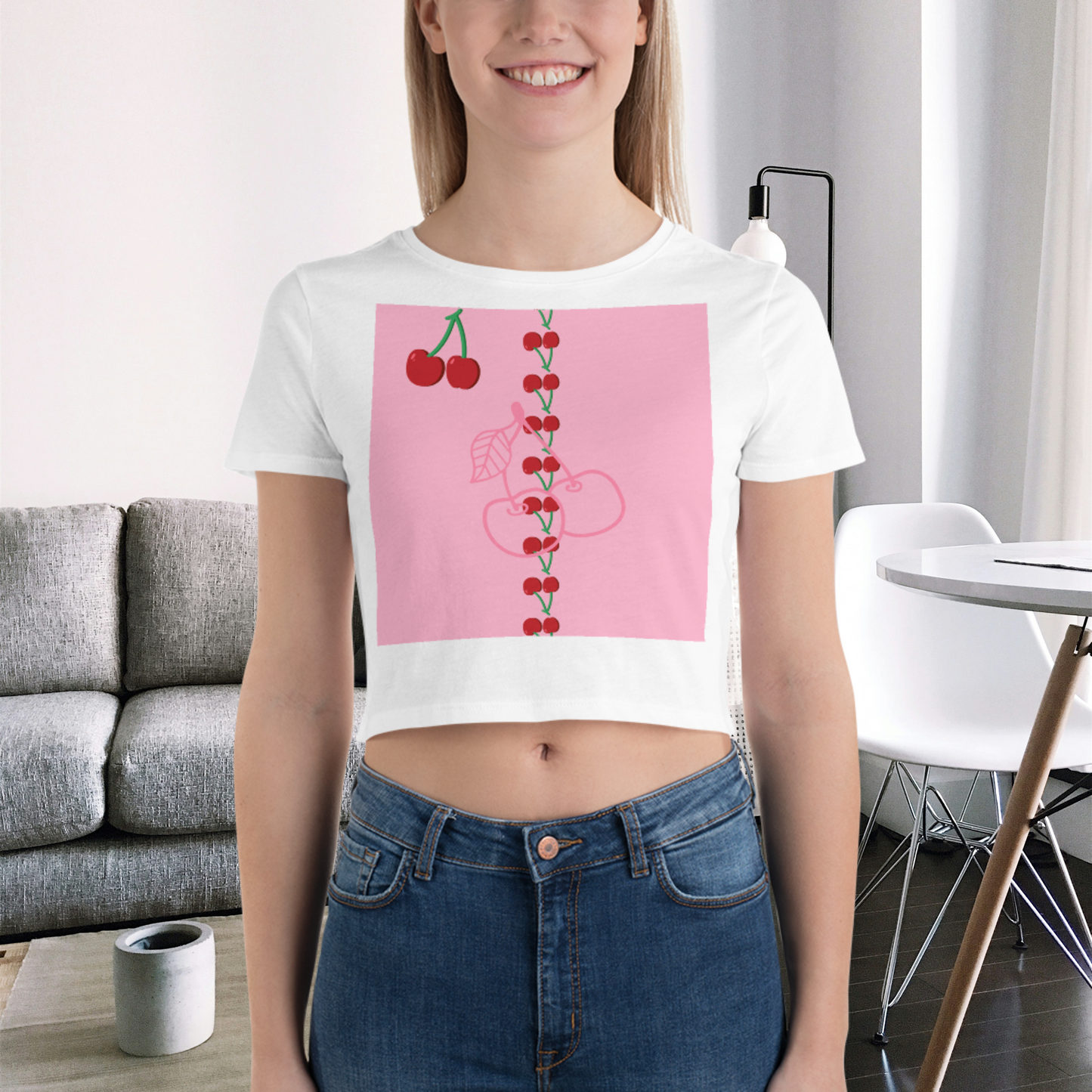 White and pink cherry women’s crop tee.