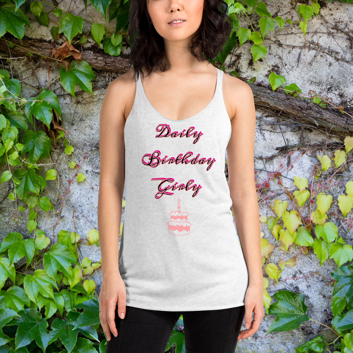 Light gray and multi-color daily birthday girly women's racerback tank.