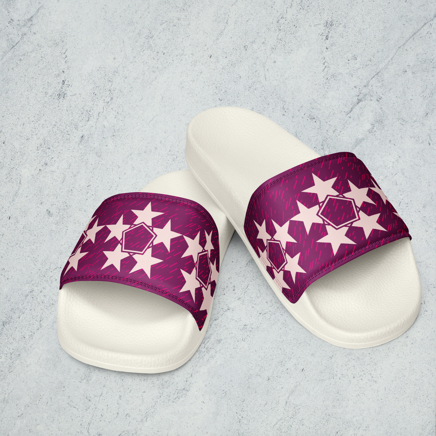 Purple and pink meteor shower women's slides.